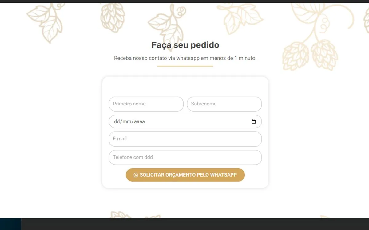 Formulário de pedido pelo WhatsApp no site da Kin Chopps