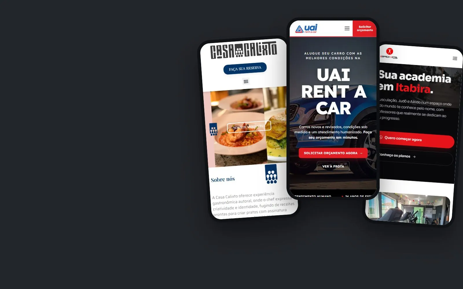 Sites da Casa Calixto, Uai Rent a Car e Espaço Vital abertos no celular