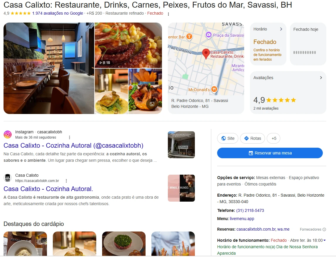 Perfil da Casa Calixto no Google: nota 4,9 com 1.974 avaliações, fotos, mapa, horário e botão de reserva