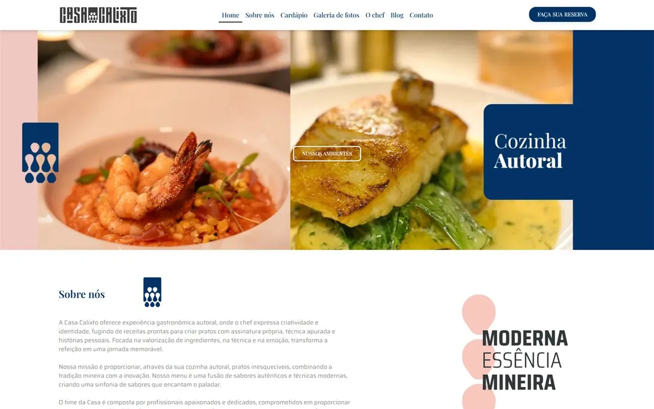 Site da Casa Calixto, restaurante em BH